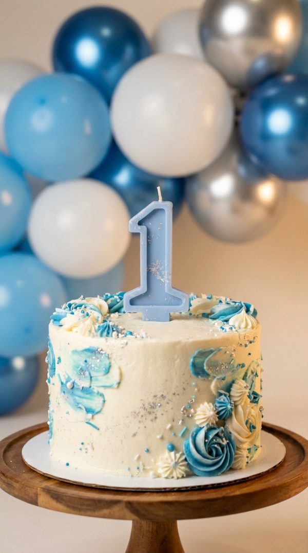 Dabīgā vaska ciparu svece "1" uz dzimšanas dienas tortes ar zilu balonu dekoru.