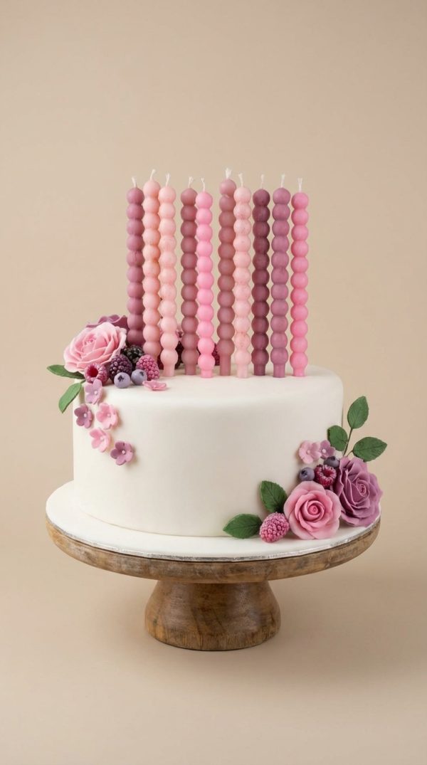 roza-tortes-sveces (2) Rozā bumbiņu dzimšanas dienas sveces elegantas tortes dekorā
