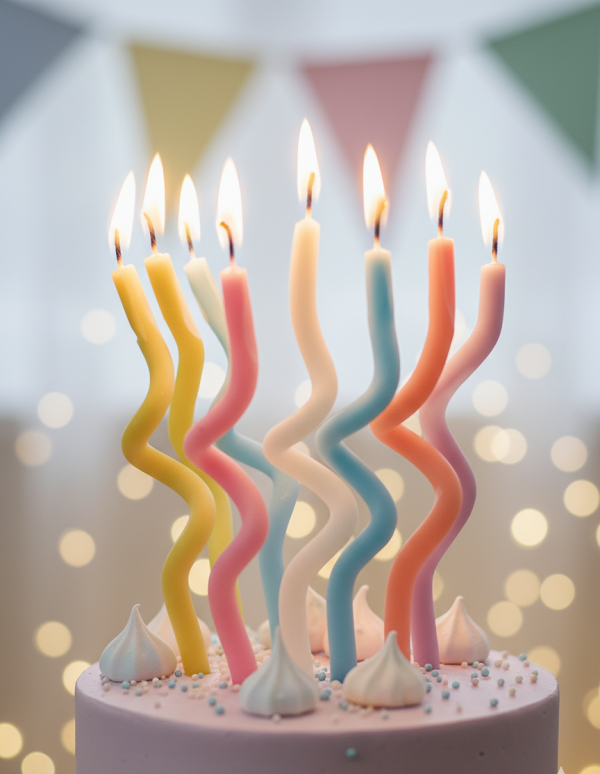 Krāsainas spirālveida bišu vaska kūku sveces uz dzimšanas dienas tortes ar iedegtām liesmām.