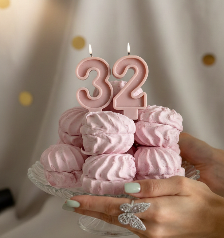 Rozā ciparu svece 32 dzimšanas dienas tortei. Eleganta kūkas svece jubilejai, dzimšanas dienai un svētku dekorēšanai.