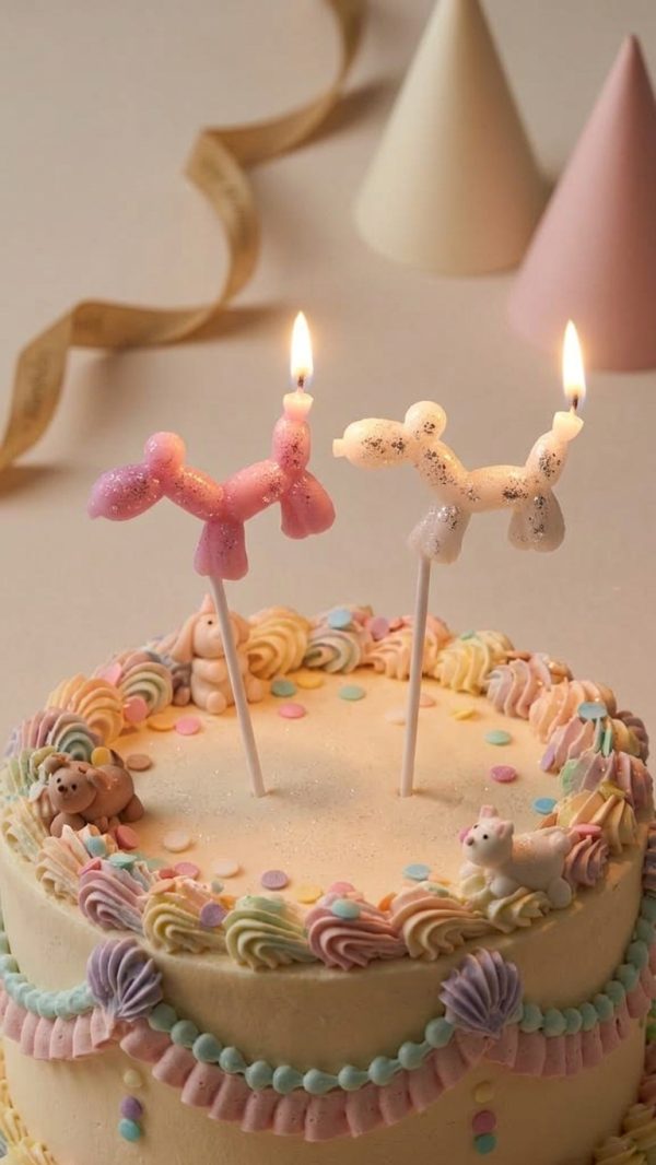 krasainas-balonu-formas-svecites-uz-tortes Balonu formas kūku sveces uz svētku tortes pasteļtoņos